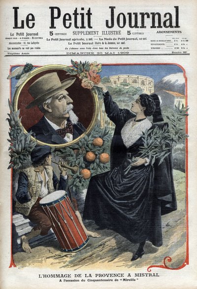 Hommage der Provence an Frédéric Mistral anlässlich des fünfzigsten Jahrestages von „Mireille“ (1859) - In „Le Petit Journal“, Mai 1909 (Gravur) von French School