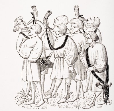 Wie man schreit und Hörner bläst, nach einer Miniatur im Manuskript von Phoebus aus dem 15. Jahrhundert, aus 