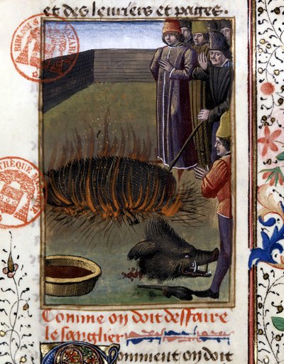 Wie man ein Wildschwein zerlegt - in „Jagd Buch von Gaston Phoebus, Graf von Foix, Herr von Béarn“ von French School