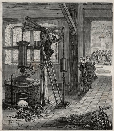 Humphrey Potter, verantwortlich für das Öffnen und Schließen der Ventile von Thomas Newcomens Maschine, machte sie durch richtiges Platzieren von Seilen und Anschlägen selbstständig funktionsfähig von French School
