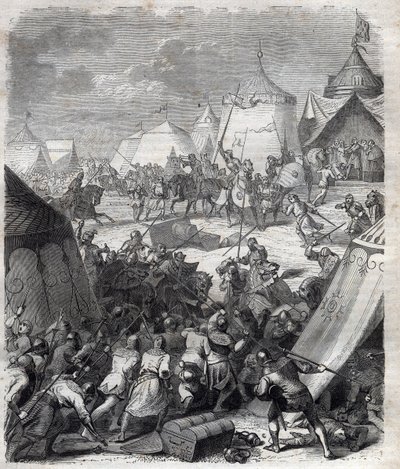 Hundertjähriger Krieg: Schlacht von Poitiers (1356). Gravur in „Geschichte der Päpste (...) Verbrechen der Königinnen, Könige und Kaiser durch die Jahrhunderte“ von Maurice Lachatre von French School