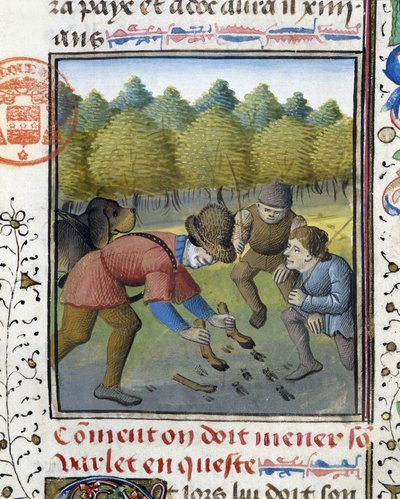 Jäger und Jagdhund - aus „Hunting Book of Gaston Phoebus, Count of Foix, Lord of Béarn“ von French School