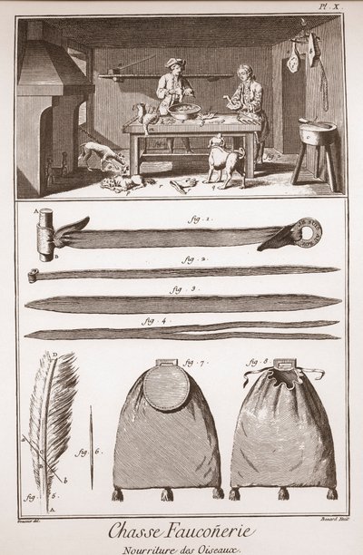 Jagd - Falknerei - Fütterung der Vögel - Gravur von Benard nach Goussier - „Die große Enzyklopädie, oder Wörterbuch der Wissenschaften, Künste und Berufe“ von Denis Diderot (1713 von French School