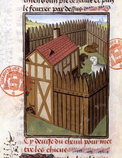 Jagdhunde in einem Zwinger - in „Jagd Buch von Gaston Phoebus, Graf von Foix, Herr von Béarn“ von French School