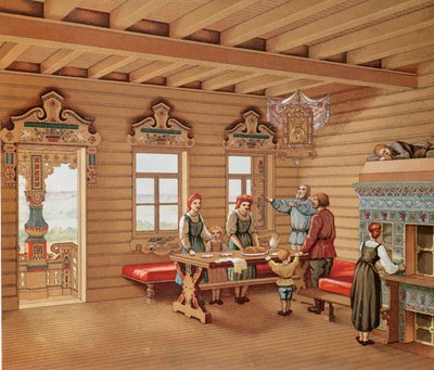 Idealisiertes Interieur einer russischen Izba, ca. 1880 von French School
