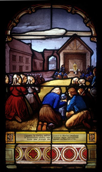 Ignace Le Garrec, Vikarpriester in Kerlaz während der Revolution, feiert eine letzte Pfarrmesse in einer Scheune in Caouët, Januar 1793 - Glasfenster der St. Germain Kirche in Kerlaz von French School