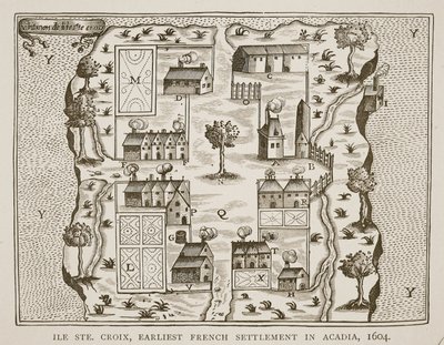 Île Ste. Croix, die früheste französische Siedlung in Akadien, 1604, aus Voyages von Samuel de Champlain (ca. 1580-1635), 1613 von French School