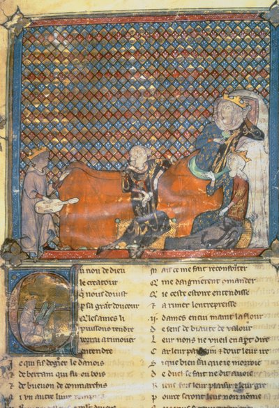 Illuminierte Seite aus einer Anthologie, von links nach rechts: Adenet le Roi, ein Minnesänger von Herzog Heinrich; Graf Guy von Flandern; Marie, Königin von Frankreich und Ehefrau von Philipp dem Kühnen; und Mada von French School