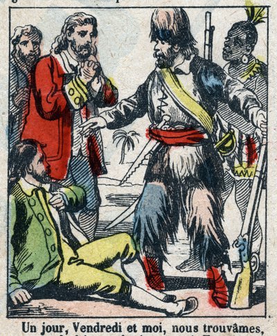 Illustration für das Buch von Daniel Defoe „Robinson Crusoe“. Epinal-Bild Ende des 19. Jahrhunderts. von French School
