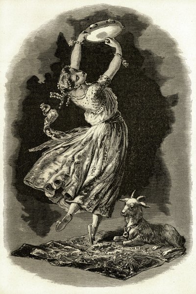 Illustration für „Notre-Dame de Paris“ von Victor Hugo: Esmeralda tanzt und spielt Tamburin neben ihrer Ziege, Anfang des 20. Jahrhunderts (Lithografie) von French School