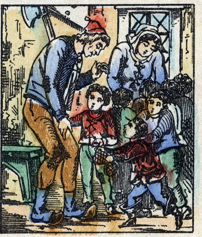 Illustration des Märchens „Der kleine Däumling“ von Charles Perrault. Holzstich aus Imaging Pellerin - Epinal, sp. 19. Jahrhundert. von French School