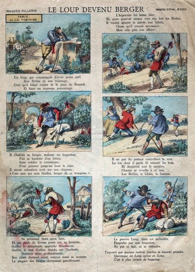 Illustration der Fabel von Jean de La Fontaine (1621-1695): Der Wolf wurde ein Schäfer. Epinal-Bild Ende des 19. Jahrhunderts. von French School