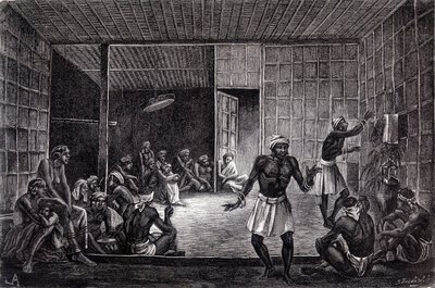 Illustration veröffentlicht in der Ausgabe von 1862 von „Le Tour du monde“, die eine Exorzismussitzung zeigt, die von den Dayaks auf der Insel Borneo praktiziert wird. Gravur von French School