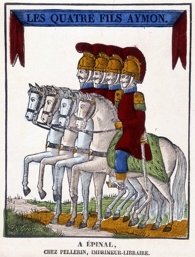 Bild von Epinal aus dem Jahr 1825, das „Die vier Söhne Aymon“ darstellt, ein anonymes Epos aus dem späten 13. Jahrhundert. von French School