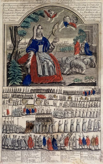 Bild von Epinal über die heilige Geneviève, Schutzpatronin von Paris. Gravur 19. Jahrhundert. Museum von Notre Dame de Paris. von French School