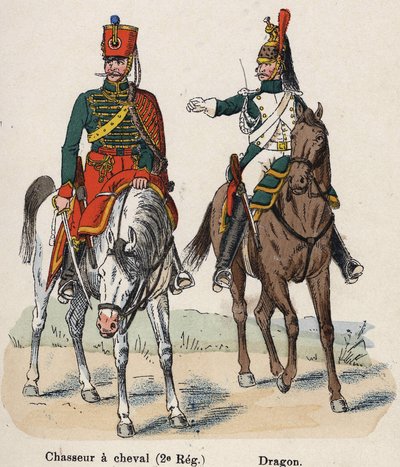Kaiserliche Garde Napoleon I.: Reiterjäger (2. Regiment) und Dragoner. Tafel aus dem Buch Les Uniforms de l