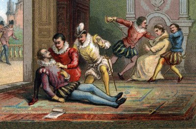 Im Jahr 1589 ermordete der Mönch Jacques Clement König Heinrich III. mit einem Dolchstoß, nachdem er ihn einen Brief lesen ließ. Der König starb in den Armen von Heinrich von Navarra. Chromolithographie um 1890 von French School