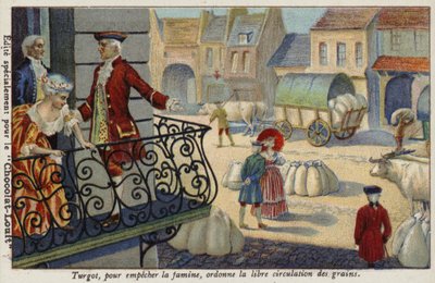 Um Hungersnot zu verhindern, ordnet Anne-Robert-Jacques Turgot die kostenlose Verteilung von Getreide an, Frankreich, um 1770 von French School