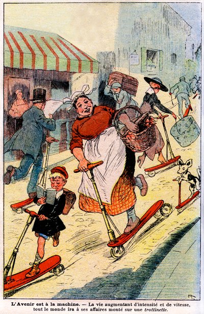 In der Zukunft, das Leben nimmt an Intensität und Geschwindigkeit zu, jeder wird zu seinem Geschäft auf einem Roller gehen. 1919 (Gravur) von French School