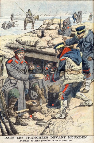 In den Schützengräben vor Mukden, Russisch-Japanischer Krieg. Japanische und russische Truppen tauschen Essen und Trinken aus. Illustration für Le Petit Journal, 22. Januar 1905 von French School