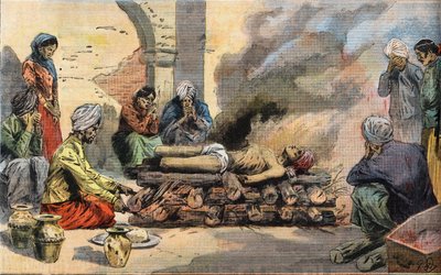 Einäscherung eines Hindus in Tunis, Tunesien, aus der Zeitung „Le Petit Parisien“ von French School