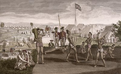 Indische Krieger beim Üben mit Blick auf das Lager des englischen Residenten, um 1810 von French School