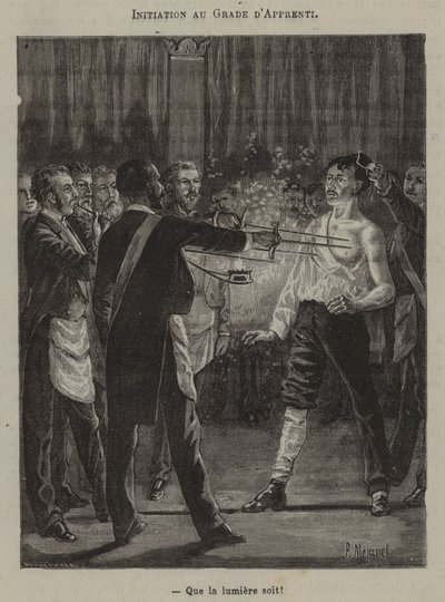 Einweihung zum Grad des Lehrlings. "Es werde Licht!" (Stich) von French School