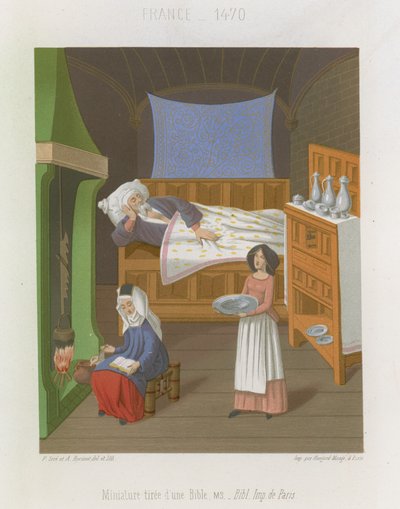 Innenszene mit einem Mann im Bett, während zwei Frauen Essen zubereiten von French School