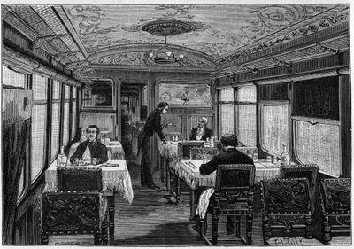 Innenansicht des Speisewagens des Orient-Express im Jahr 1884. von French School
