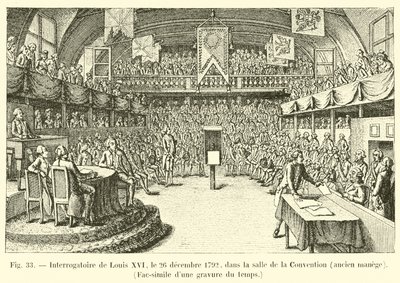 Verhör von Ludwig XVI. am 26. Dezember 1792 im Sitzungssaal der Konvention, ehemaliger Reitstall, Faksimile einer zeitgenössischen Gravur von French School