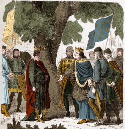 Interview von Gisors in der Oberen Normandie zwischen König Philippe Auguste und König Heinrich II. Plantagenet von England (1133-1189) im Jahr 1188. von French School