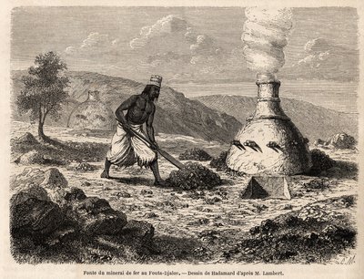 Eisenerzschmelzen in Fouta Djalon, Senegal, Zeichnung von Hadamard, zur Illustration von Leutnant Lamberts Reise nach Fouta Djalon 1860. Gravur in "Le tour du monde" 1861. Sammlung Selva. von French School