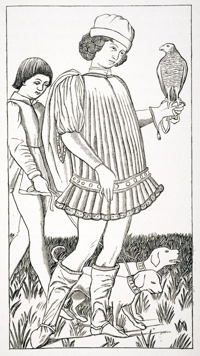 Italienischer Edelmann mit einem Falken, nach einer Spielkarte, auf Kupfer graviert, ca. 1460, aus 