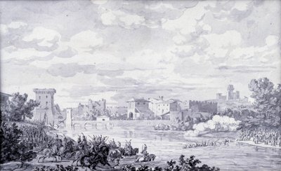 Italienische Landschaft: die französische Armee überquerte den Fluss Mincio bei Borghetto im Jahr 1796. Anonyme Zeichnung. Paris, Louvre Museum von French School