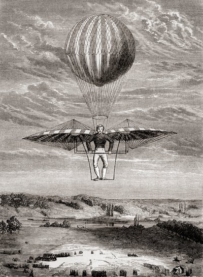 Jacob Degens Ornithopter von 1808 mit Klappenventilen, bei dem der Pilot auf einem starren Rahmen stand und die Flügel mit einer beweglichen horizontalen Stange betätigte, aus 