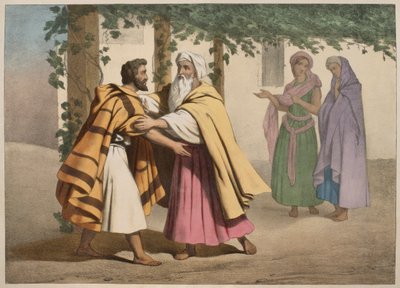 Jakob mit Laban und seinen Töchtern, Illustration aus einem Katechismus L