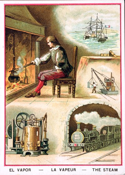 James Watt (1736-1819) und verschiedene Anwendungen von Dampf von French School