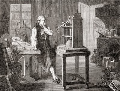 James Watt in seiner Werkstatt in Glasgow, verbessert die Newcomen-Dampfmaschine von Thomas Newcomen aus dem Jahr 1712 mit seiner Watt-Dampfmaschine im Jahr 1781, aus Les Merveilles de la Science, veröffentlicht 1870. von French School