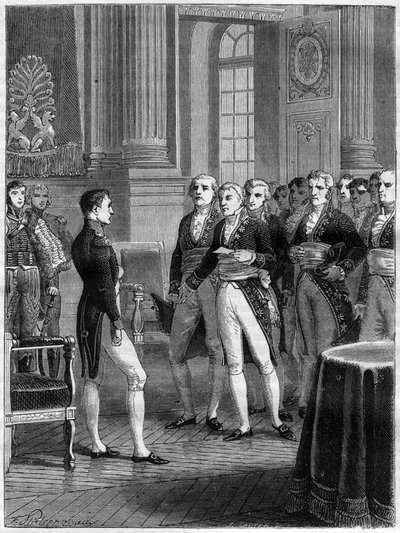 Rede von Jean-Pierre-Louis de Fontanes mit dem Ersten Konsul Napoleon Bonaparte anlässlich der Fertigstellung des Zivilgesetzbuches, Paris von French School