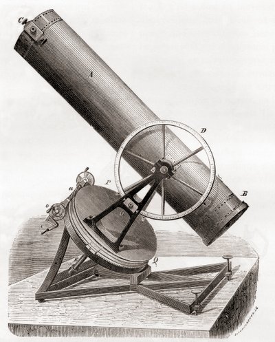 Jean Bernard Léon Foucaults Spiegelreflektorteleskop auf einer äquatorialen Montierung, nach einer Zeichnung des 19. Jahrhunderts, aus Les Merveilles de la Science, veröffentlicht um 1870 (Gravur) von French School