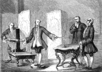 Jean JALLABERT (1712-1768), Schweizer Physiker, entdeckt Elektrizität an scharfen Objekten (Kraft der Spitze von FRANKLIN). Gravur 1867 von French School