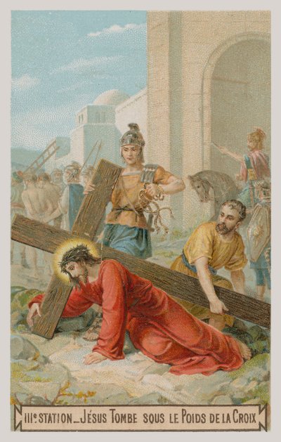 Jesus fällt zum ersten Mal unter dem Kreuz. Die dritte Station des Kreuzwegs von French School