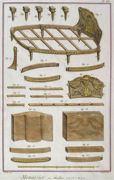 Tischler, eine Couch, Illustration aus der Encyclopedie des Sciences et Metiers von Denis Diderot, graviert von Robert Benard, veröffentlicht um 1770 (Farbstich) von French School