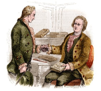 Joseph de Maistre (1753-1821), französischer Politiker, Schriftsteller und Philosoph, und Graf Xavier de Maistre (1763-1852), französischer Offizier und Schriftsteller mit der ersten Ausgabe von „Reise um mein Zimmer“. Waldzeichnung. Gravur von 1852. von French School