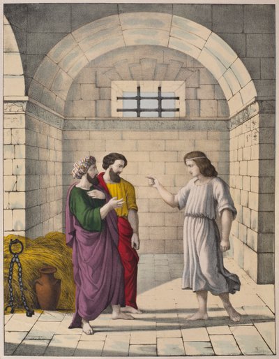 Joseph im Gefängnis erklärt die Träume des Oberbäckers und des Obermundschenks, Illustration aus einem Katechismus L