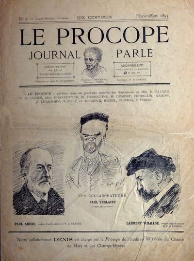 Journal du Procope, Pariser Café, Februar 1895: Porträts der französischen Dichter Paul Verlaine, Paul Arène und Laurent Tailhade von French School