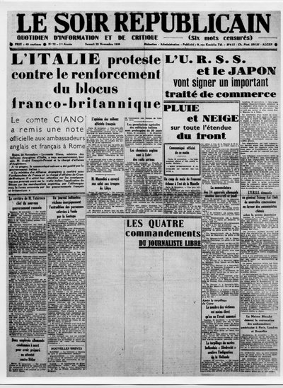 Journalismus. Pressezensur während des Krieges: weiße Spalten für den Artikel mit dem Titel „Die vier Gebote des freien Journalisten“. Die Schlagzeilen: „Italien protestiert gegen die Verstärkung der französisch-britischen Blockade“, die UdSSR und Japan we von French School