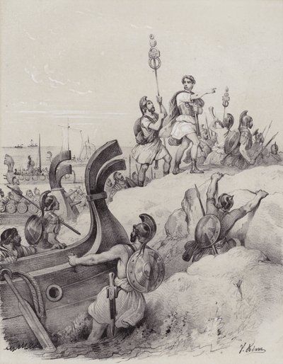 Julius Caesar und die Römer landen in Kent bei ihrer ersten Invasion Britanniens, 55 v. Chr. von French School