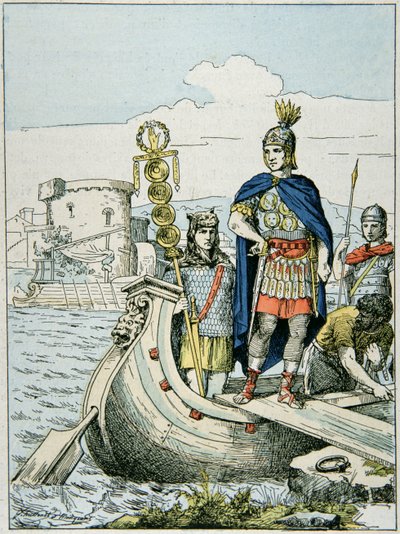 Julius Caesar zieht aus, um Piraten zu bestrafen, die ihn gegen Lösegeld festhielten (Farblithografie) von French School