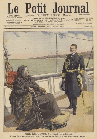 Kaiser Wilhelm II. von Deutschland besucht die Ex-Kaiserin Eugenie, Witwe von Napoleon III. von Frankreich, auf ihrer Yacht Thistle von French School